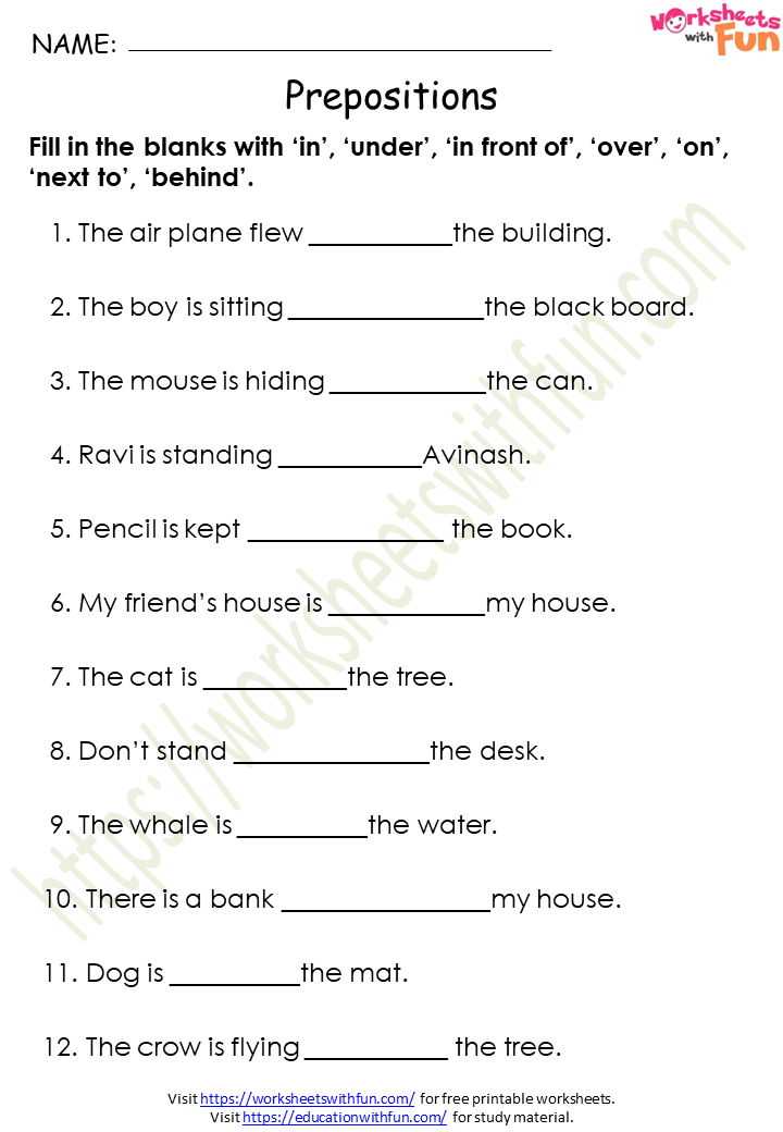 English Class 1 Prepositions Worksheet 2